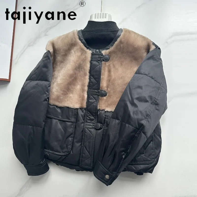 TAJIYANE Winter Shearling Spliced Goose Down Jacket Short Coats for Woman Round Neck Puffer Jacket Thick Fur Coat Woman 경량패딩