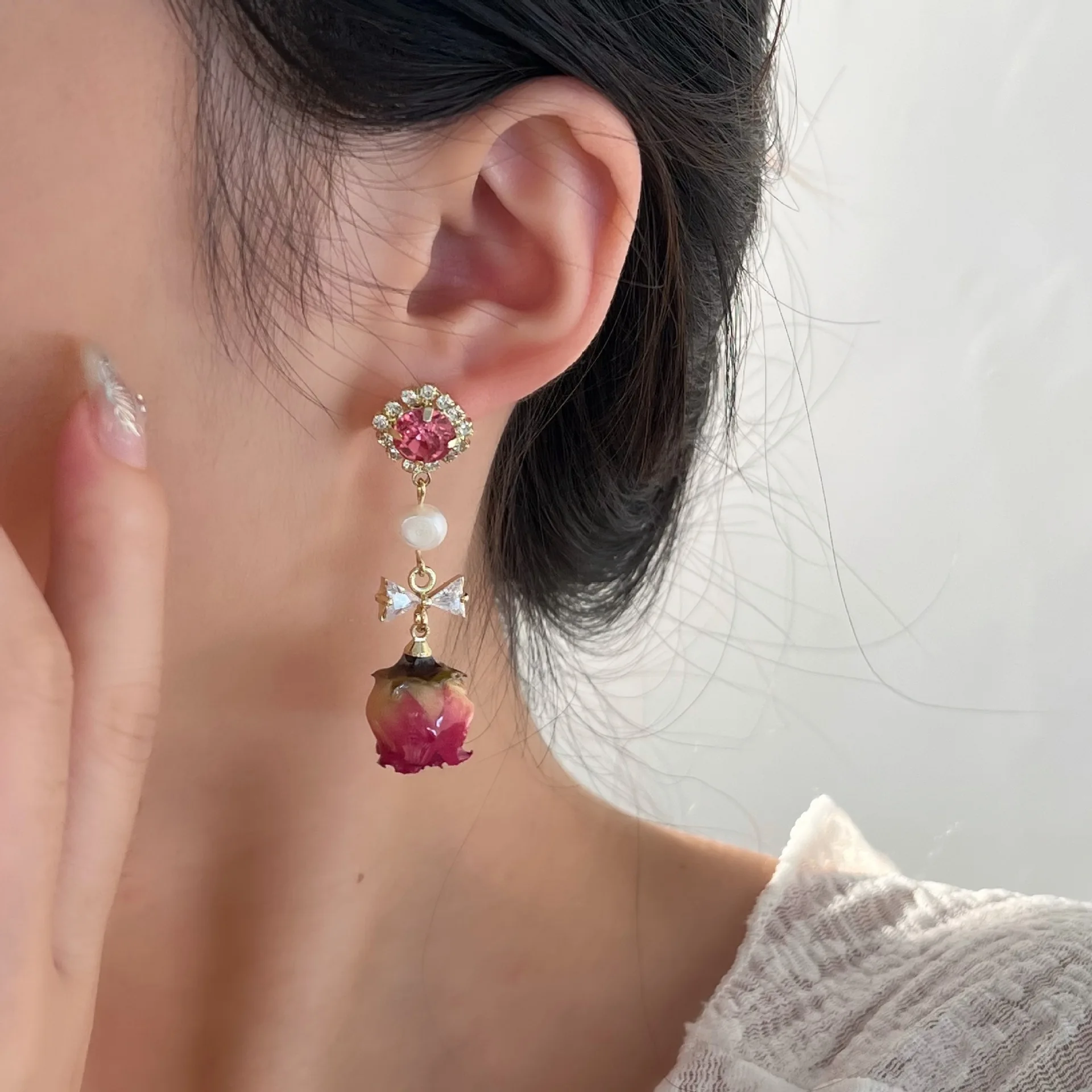 

Sweet Fresh Dried Rose Flower Natural Freshwater Pearl 14K Gold Filled Female Tassels Stud Earrings Jewelry Birthday Gifts