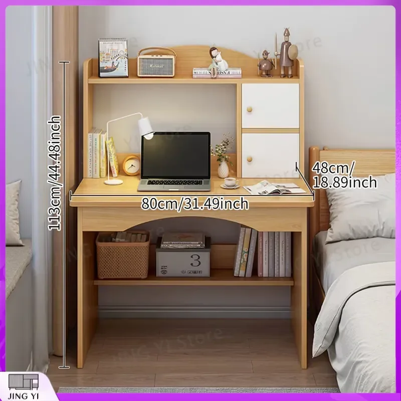 Solid Wood Computer Desk for Students Office Work Study Room Bedroom Bedside Table with Double Cabinet Storage Rack