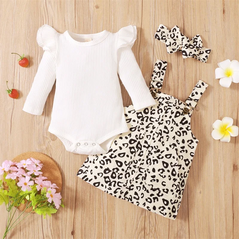 3 Pcs Baby Girls Casual Outfits Ribbed Fly Sleeve Round Neck Bodysuit Leopard Print Suspender Skirt Bow Headband