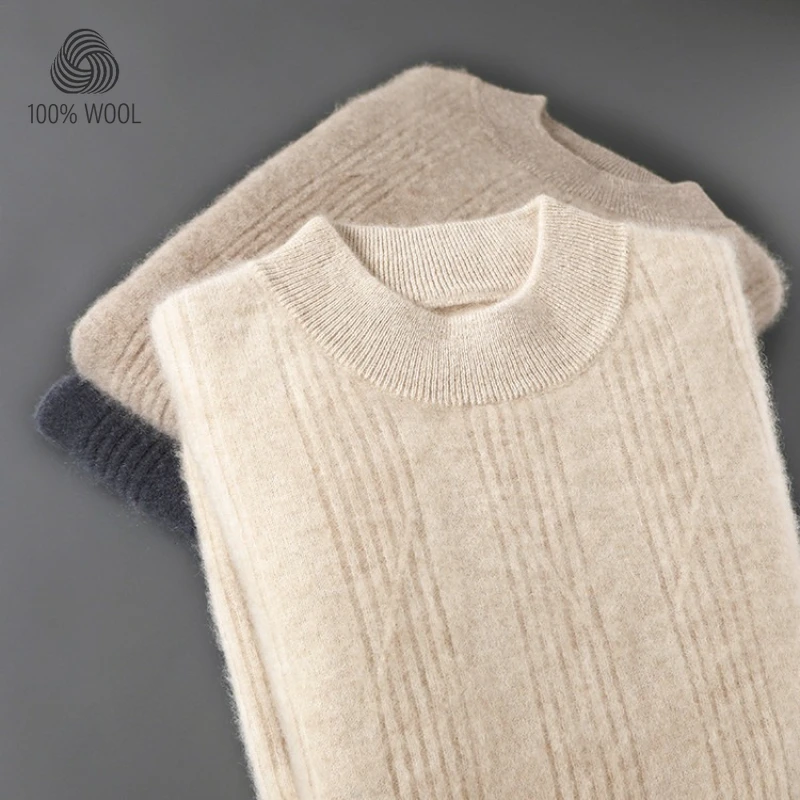 

Men's 100% Wool Sweater, Soft and Warm High-neck Wool Pullover Fine Vertical Stripe