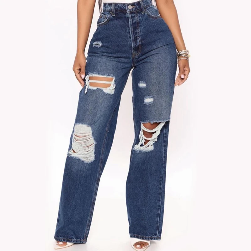 Female New Y2K Ripped Jeans With Holes Blue High Waist Cute Mom Vintage Jeans Push Up Women Denim Trousers Ladies Cool Pants