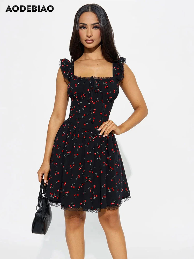 

AODEBIAO Women's A-LINE Dress Elegant Party Summer Sleeveless Fashion Lolita Print Mini Dress New Backless Sexy Lace Strap Dress