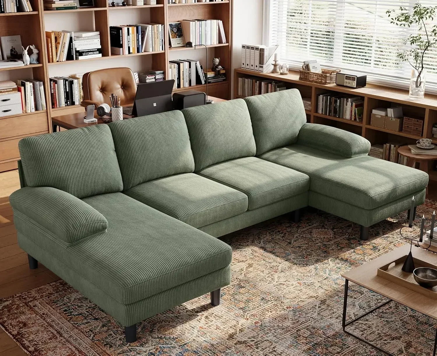 U Sectional Couch Corduroy Sofa with Sleepable Armrests 4 Seat Couch with Double Chaises Deep Sofa for Living Room Army Green