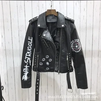 Jaqueta de couro falso para mulheres, jaqueta de couro falso, preto, punk, gótico, motociclista, rebite, bolso, roupas ao ar livre, primavera, outono e inverno