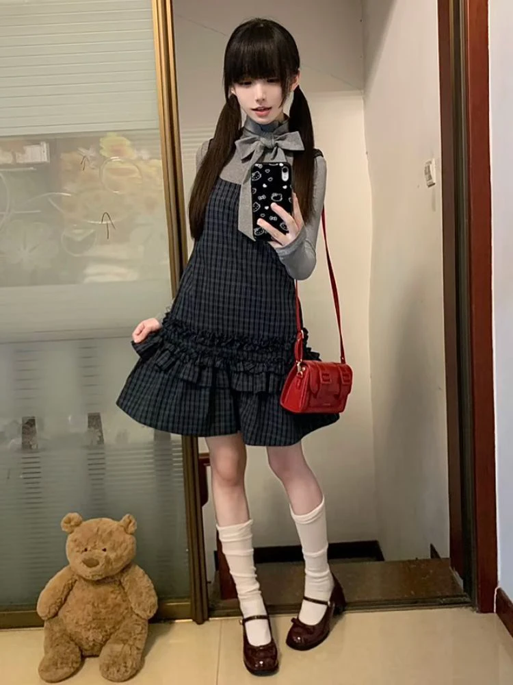 Conjunto de Dos Piezas de Vestido con Tirantes a Cuadros Estilo Coreano y Cseta Básica, Conjunto de Falda Entallada de Mod...