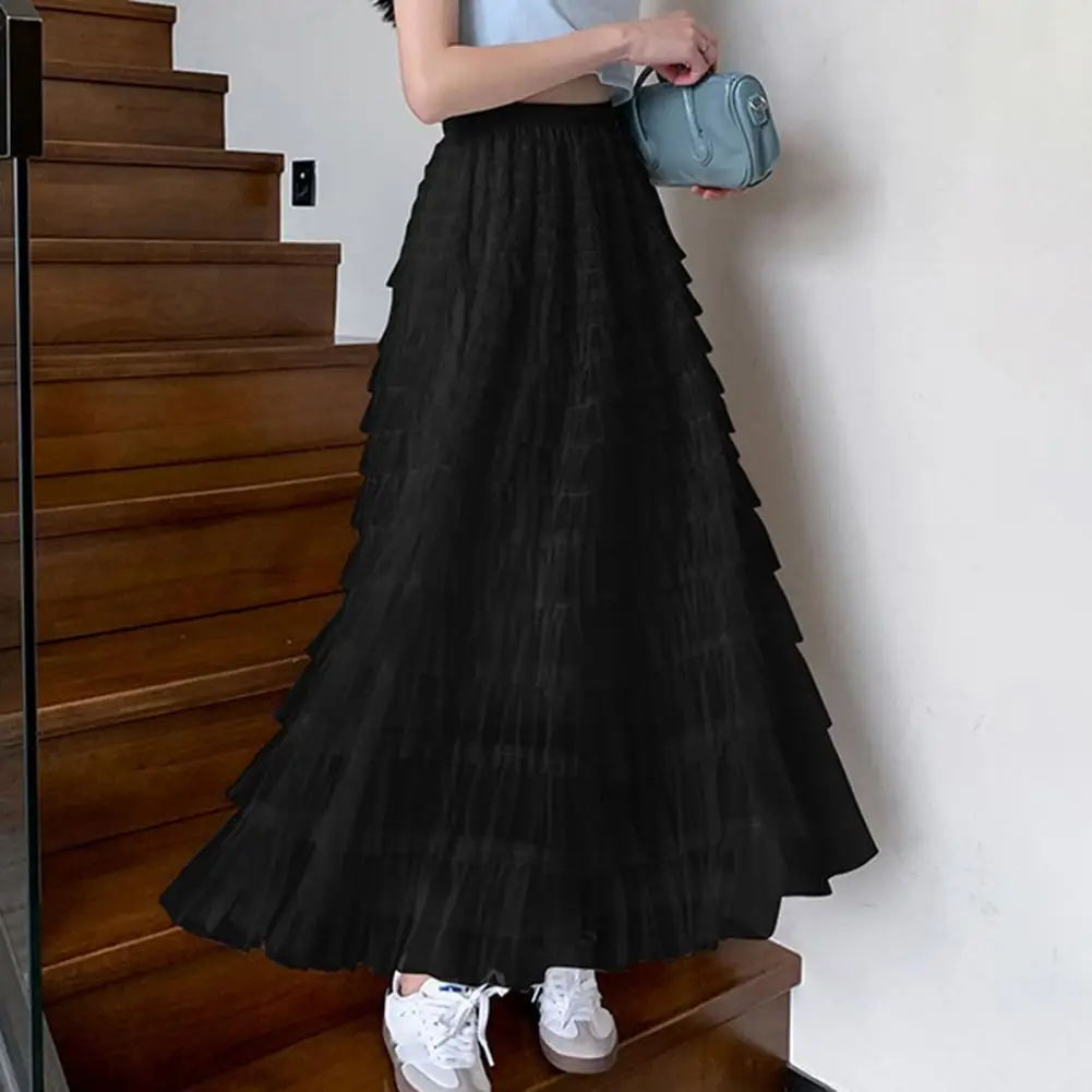 Skirt Elegant Multi-layer A-line Skirt with Elastic High Waist Solid Color Long Skirt for Women Gauze Mesh Splicing Cake Women