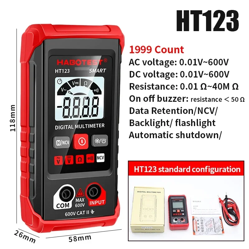 HABOTEST HT123 Mini Digital Multimeter Auto-Ranging 600V AC/DC Voltage Tester with NCV Ohm Test Portable Electrician Tool