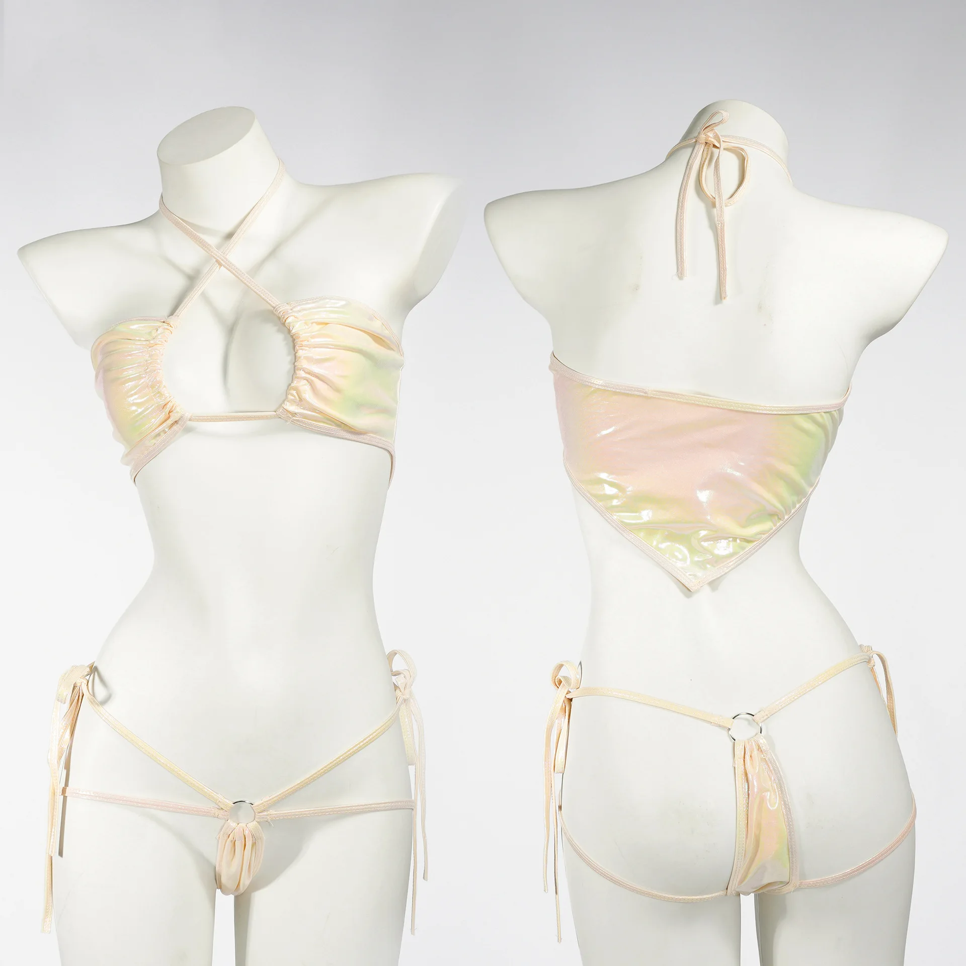 

Sexy Laser Halter Bikini Set Women Bandage Hollow Anime Three-point Backless Transparent Swimsuit Girl Swimwear Low Rise Bikinis