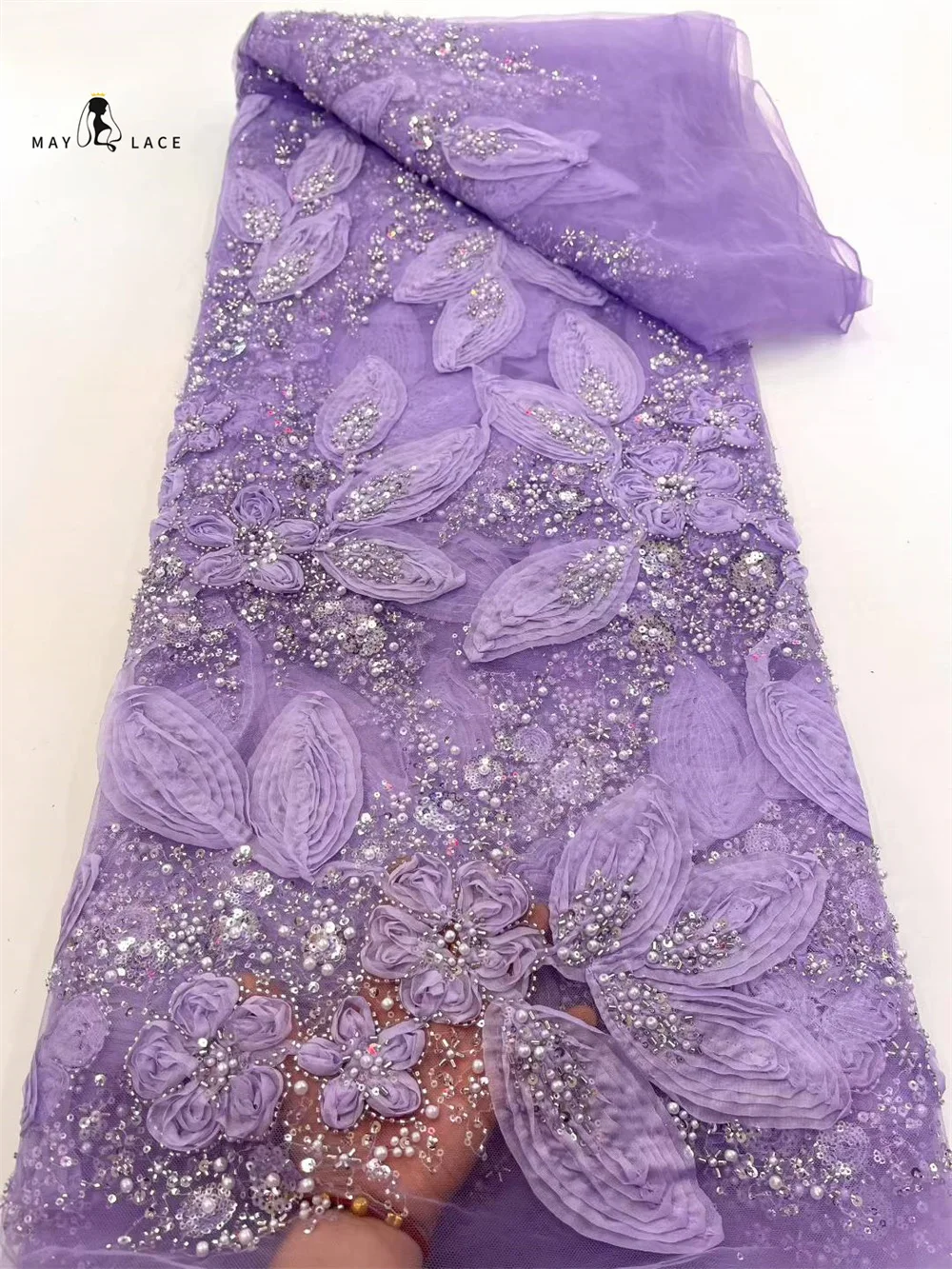 African Tulle Lace Fabric 2025 High Quality 3D Sequins Embroidery Luxury French Beads Fabrics For Wedding Gown Sewing Material