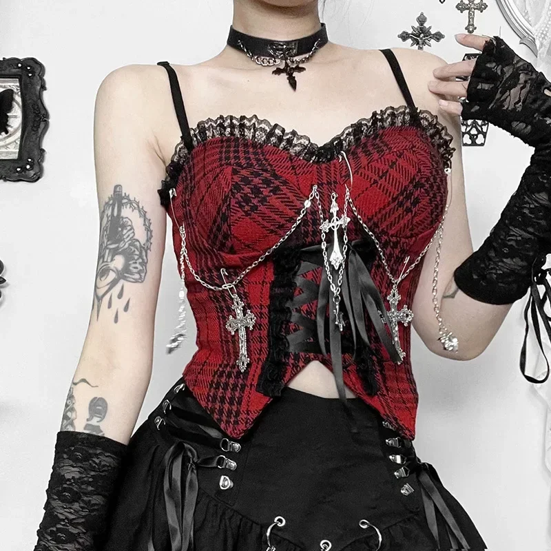 Gothic Christmas  Red Plaid Crop Tops for Women Adjustable Straps Ribbon Bandage Front Side Slit Camisole with Black Lace