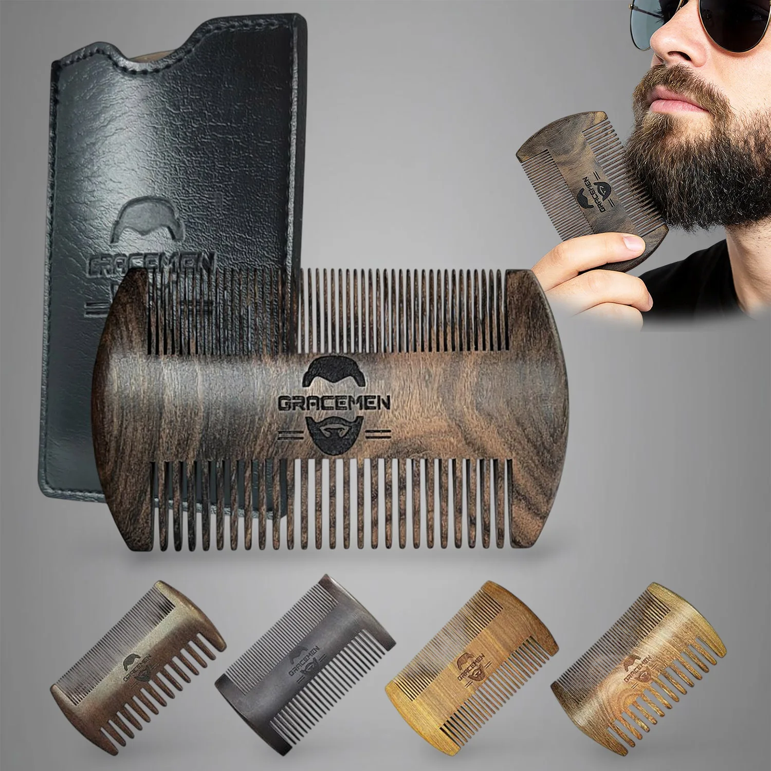 Gracemen  Wooden Beard Comb Dual Sides Sandalwood Hair Mustache Comb with PU Leather Case for  Men