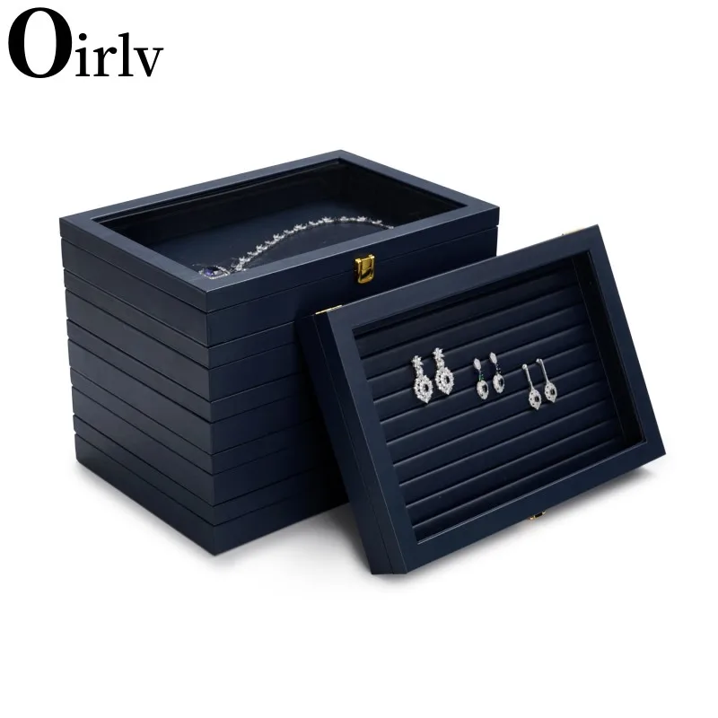 Oirlv Multifunction Premium Leather Jewelry Tray Transparent Lid Earrings Rings Organizer Box Stackable Jewelry Box Drawer