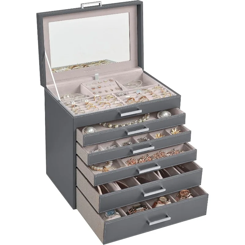 

Jewelry Box, 6-Tier Jewelry Organizer, Large Jewelry Case with Big Mirror, 5 Drawers, Large Capacity