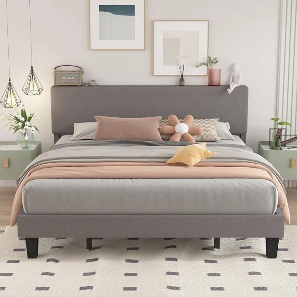 

Full Size Bed Frame with Adjustable Headboard, Linen Fabric Upholstered Bed Frame,No Box Spring Needed, Sturdy Wood Slat Support
