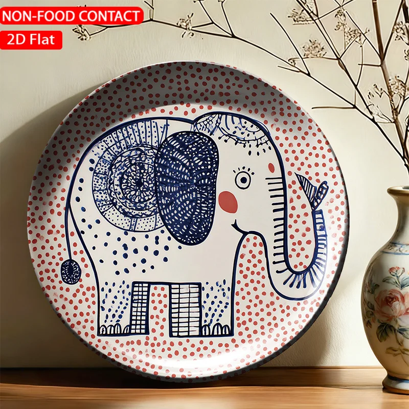 1pc FORJN Ceramic Decorative Plate with Red Dotted Elephant Wall Art - Round Non-Food Contact Plate Suitable, Living Room,