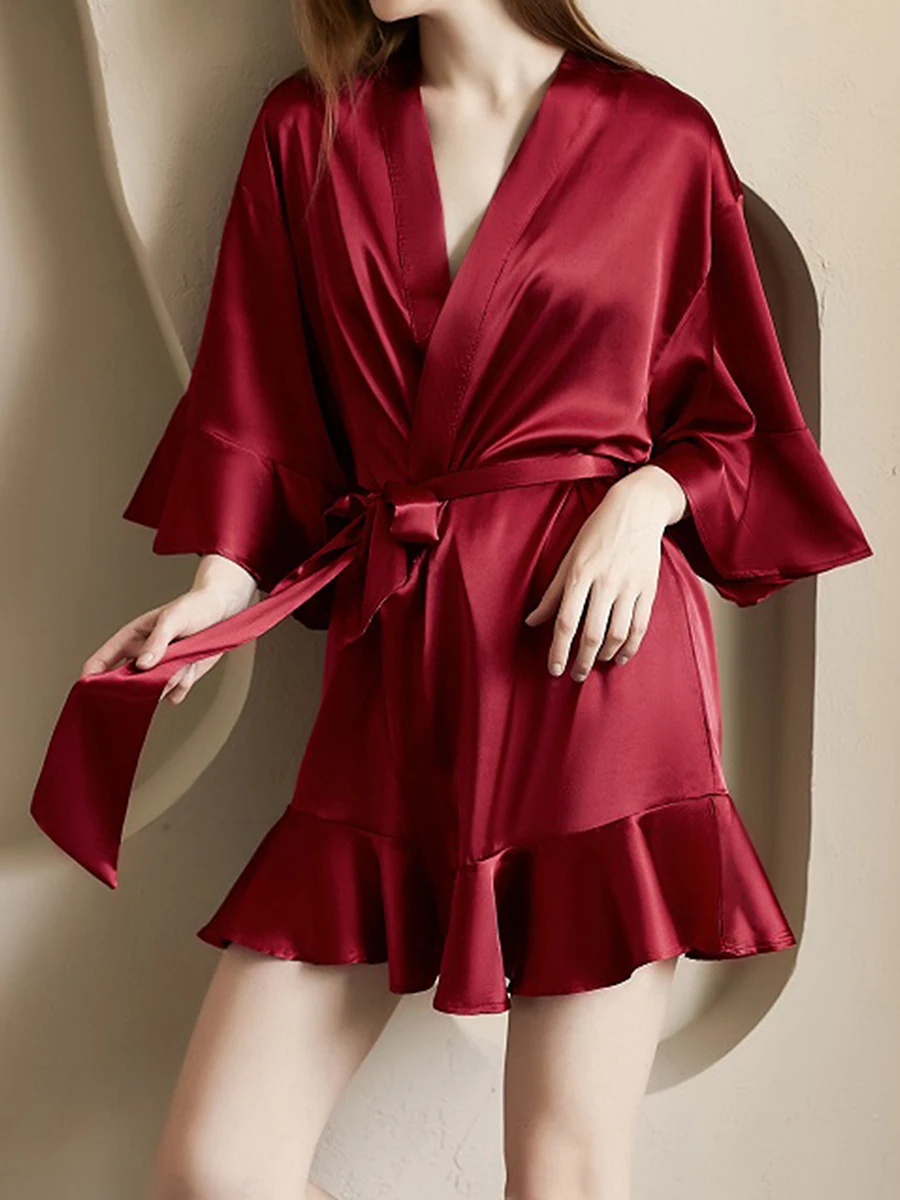 Women\'s Satin Robes 3/4 Sleeve Ruffle Hem Kimono Robe Solid Color Deep V-neck Silk Bridesmaid Sexy Lingerie Sleepwear for Female