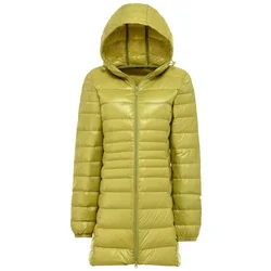 Chaqueta de plumón de pato para mujer, chaquetas cálidas largas y ligeras para invierno, abrigo de plumón portátil ultraligero con capucha 5XL 6XL 7XL