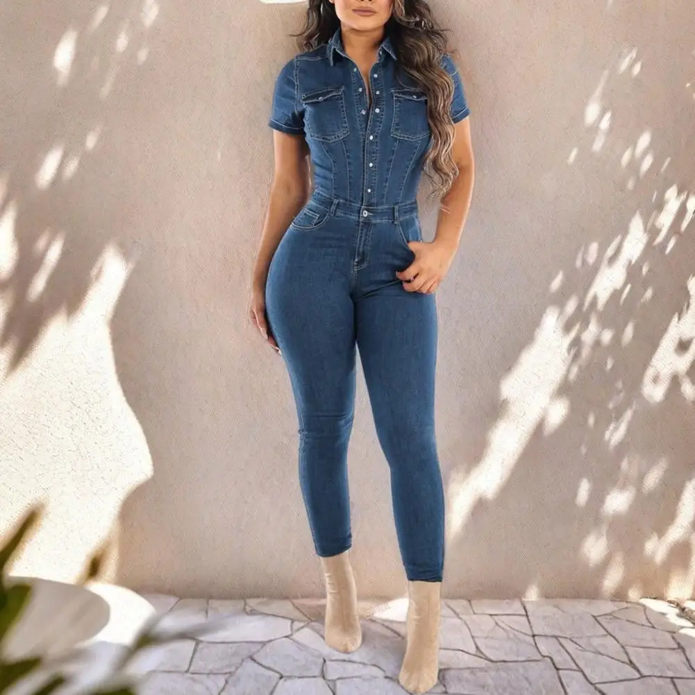 Lapel Jumpsuit for Women Women Jumpsuit Cotton Blend Stylish Women's Denim Jumpsuits Skinny Stretch Overalls Button for Casual