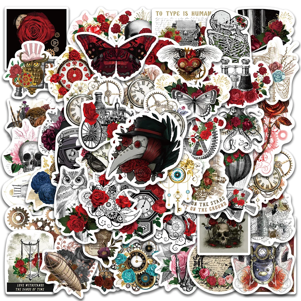 50Pcs/pack Vintage Steampunk Red Rose Stickers Retro Dark Gothic DIY Decals Aesthetic Car Suitcase Scrapbooking Laptop Stickers