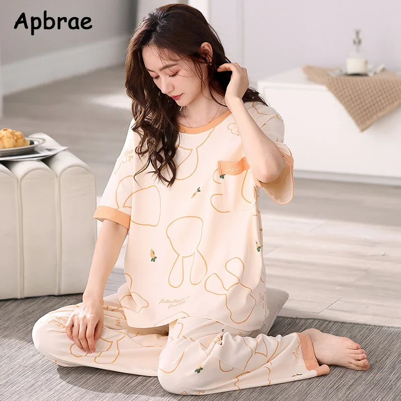 Summer Cartoon Women Cotton Pajamas for Women Short Sleeved Long Pants Nightwear Korean Fashion Bear Print Casual Homewear