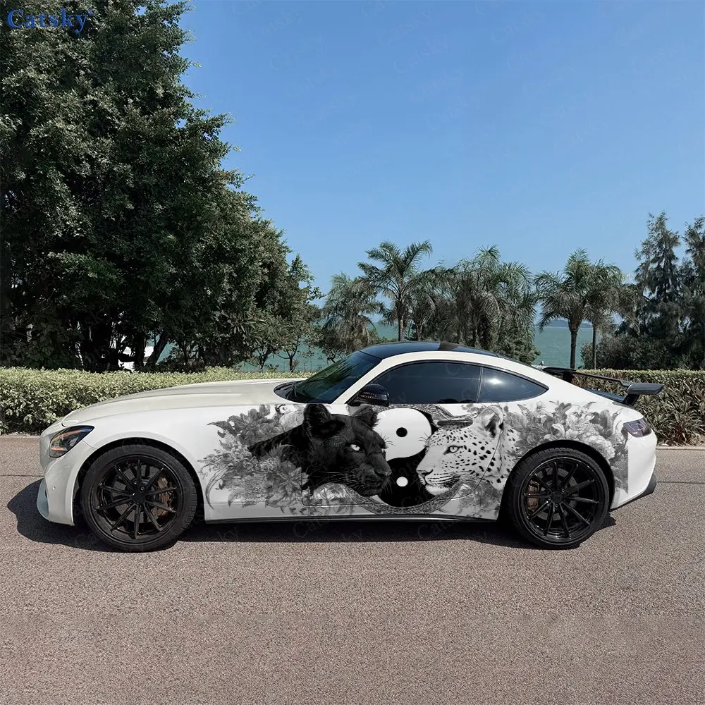

2pcs Black & White Leopard Floral Car Side Wraps, Self-Adhesive PVC Waterproof & Scratch-Resistant Stickers, Car Accessory Gift