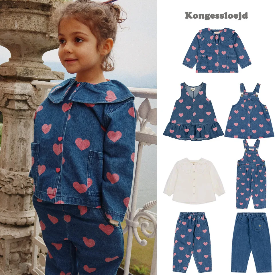 

2025 KS New Autumn Winter Girls heart-shaped Dress Cardigan Shirt Children's Clothing Girls Knitted Denim Dress Denim Long Pants