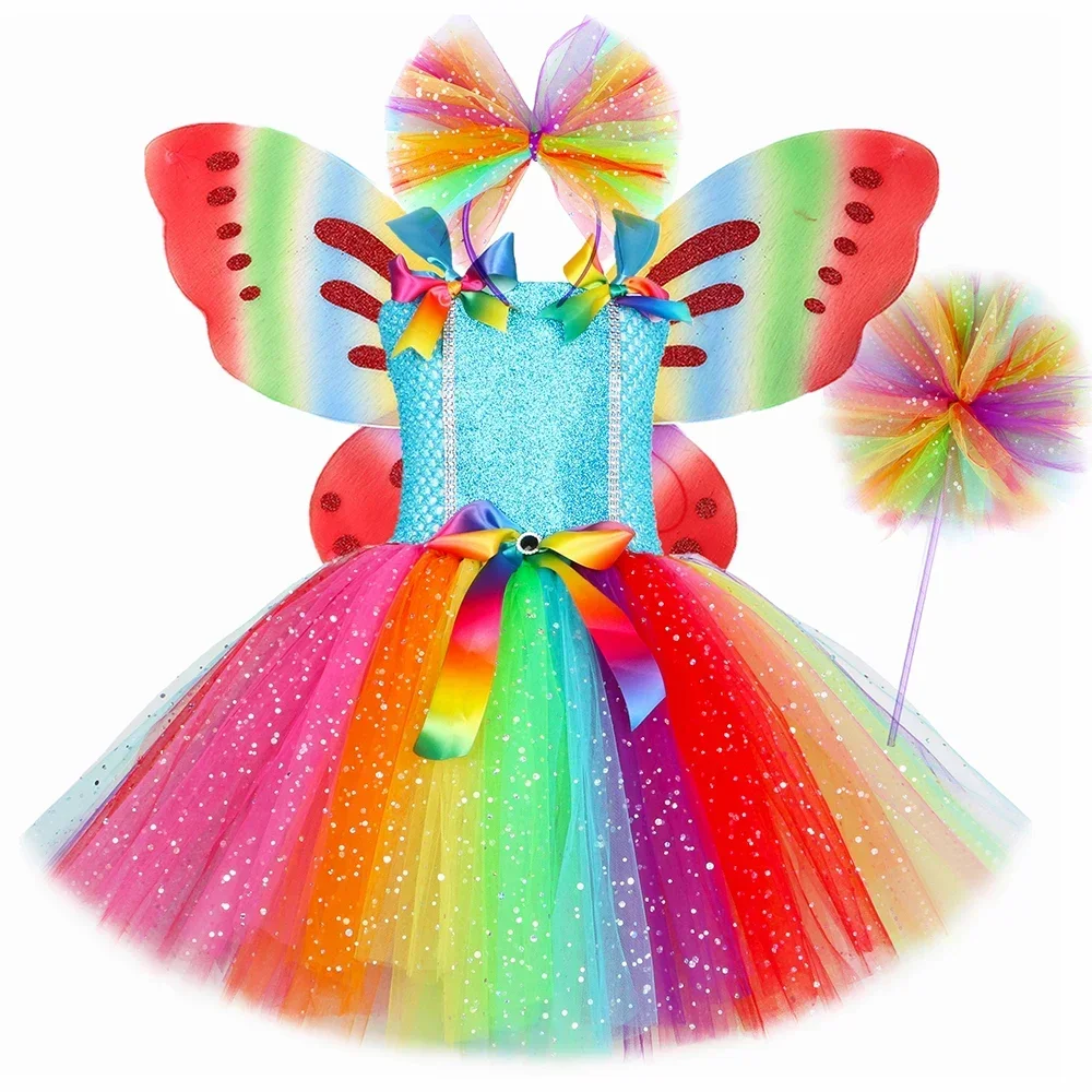 Fairy Costume for Girls Glitter Rainbow Tutu Dress with Butterfly Wings Toddler Kids Halloween Birthday Party Princess Dresses