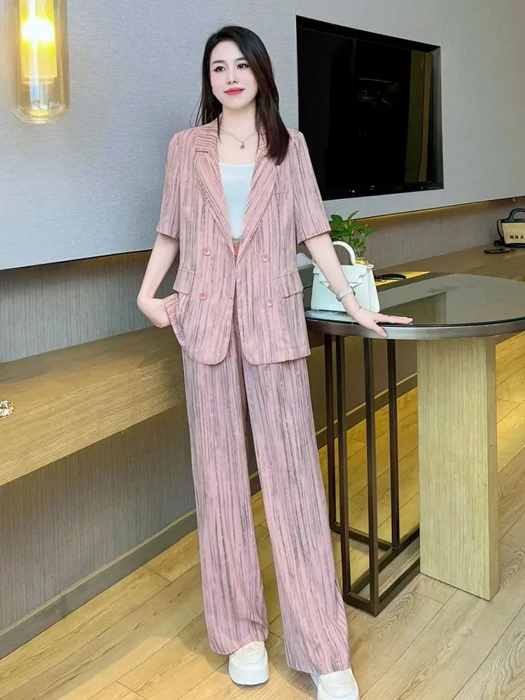 Striped Patchwork Short Sleeved Blazer Top High Waist Wide Leg Pants Two-piece Set Elegant Women's Office Suit Set