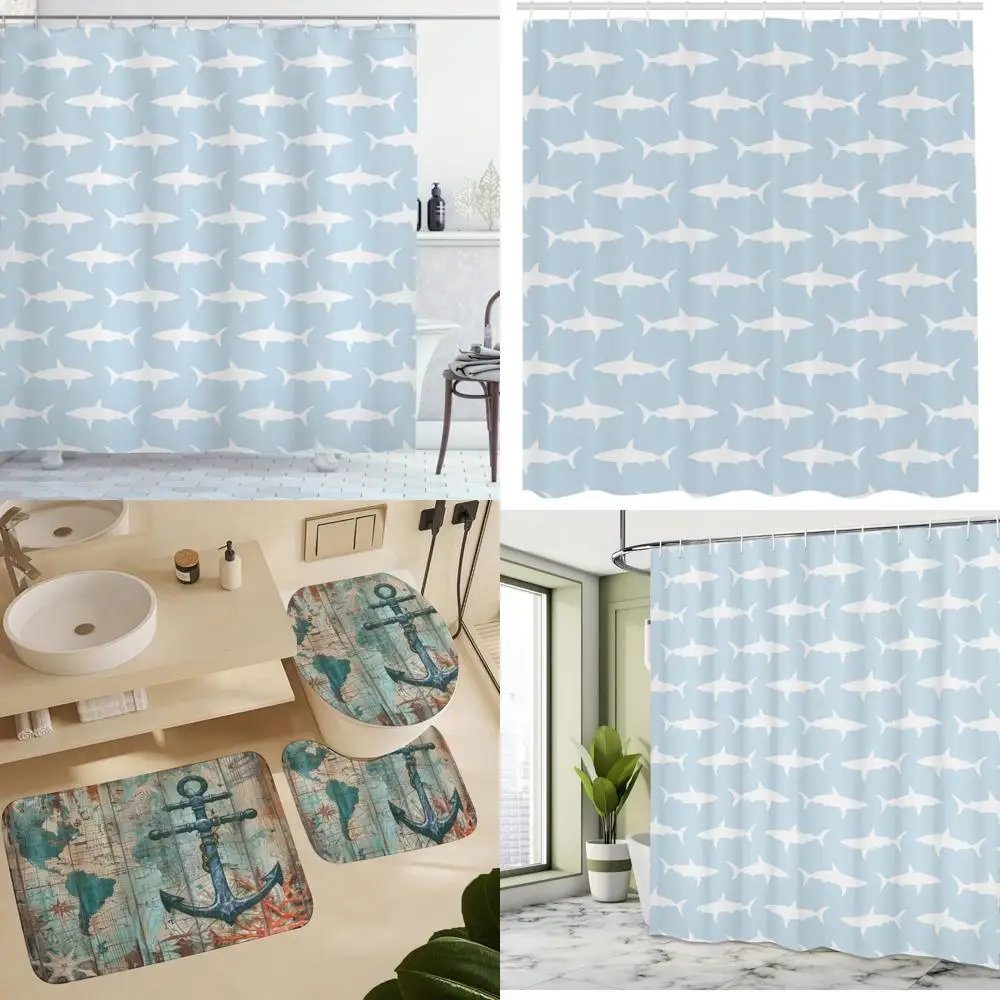 

Занавеска для душа морской жизни: горизонтальные силуэты акулы, жирный и дикий, тканевая ванная комната