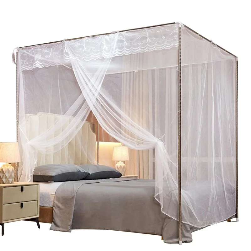 Canopy Bed Curtains 4 Corner Post Lace Trim Princess Bed Canopy Mosquito Net for Adult Kids Bedroom