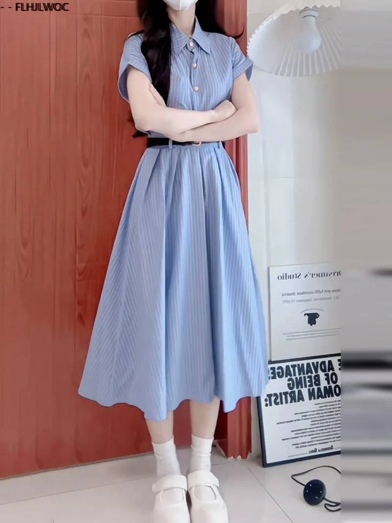 Blue Striped Shirt Dresses New Design Y2K Sweet Girls Women Summer Short Sleeve Preppy Style Retro Vintage Long Dress With Belt