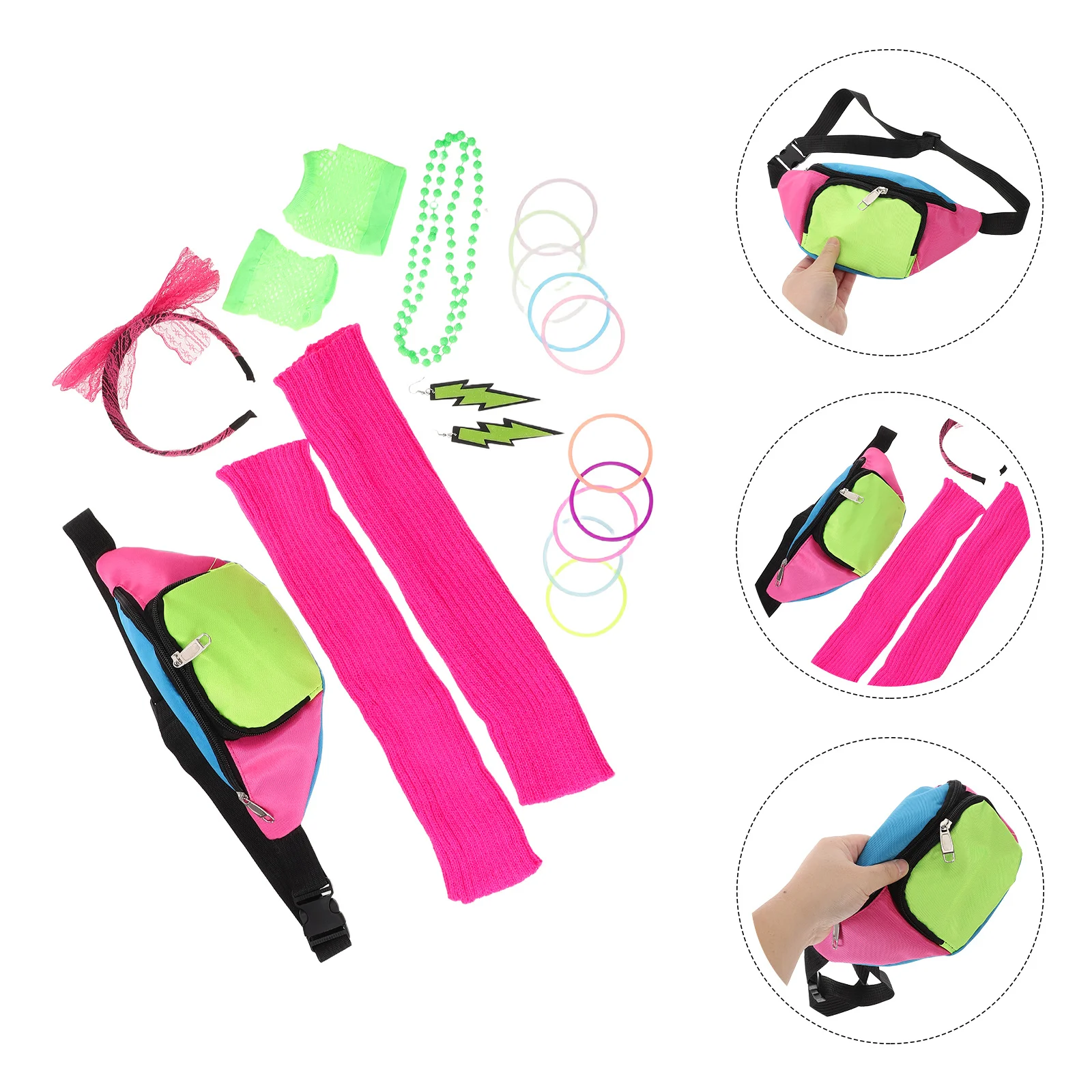 Set de 19 Accesorios de Fiesta Neón, Joyería Retro Clásica de los 80, Riñonera, Pendientes, Diadema, Pulseras, Calentadores de Piernas para Mujer