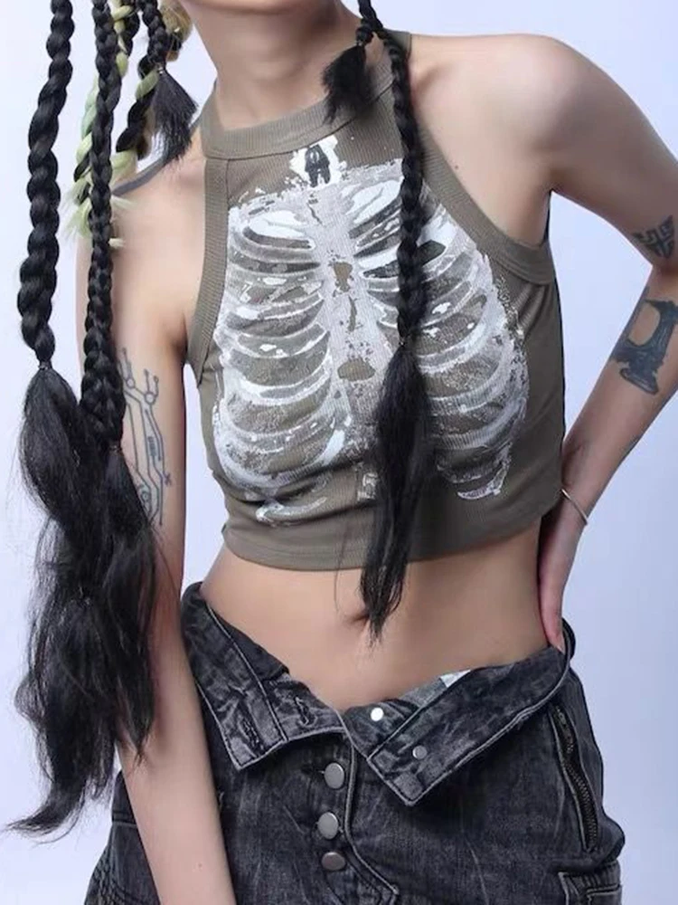 Sexy Y2K Streetwear Vintage Gothic X-ray Skeleton Print  One Shoulder Sleeve Crop Top Women Summer 90s Tank Top Harajuku Graphic