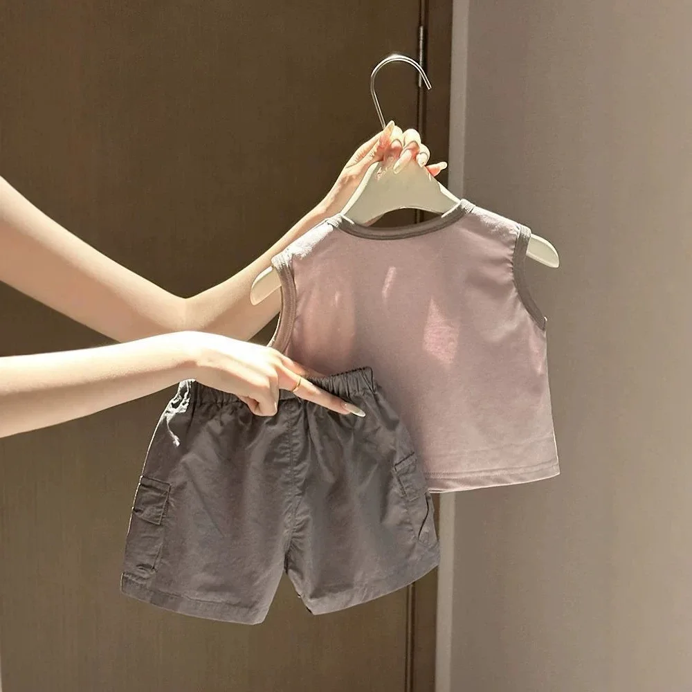 Summer Boys' and Girls' Suits, Baby Style, Children's Personality Fashion Korean Letter Sticker Vest Workwear Shorts