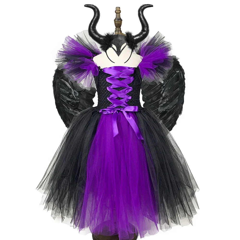 Purple Witch Costume Kid Girls Tutu Dress Ankle Length Halloween Devil Cosplay Clothes For Child Party Photo Prop Purim Gift