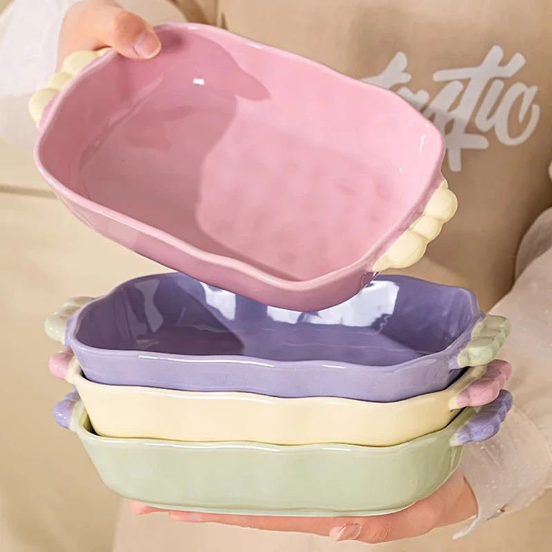 Nordic Style Double Ear Baking Bowl Fashion Ceramic Tableware Large Capacity Baking Tray Household Microwave Oven Special Bowls