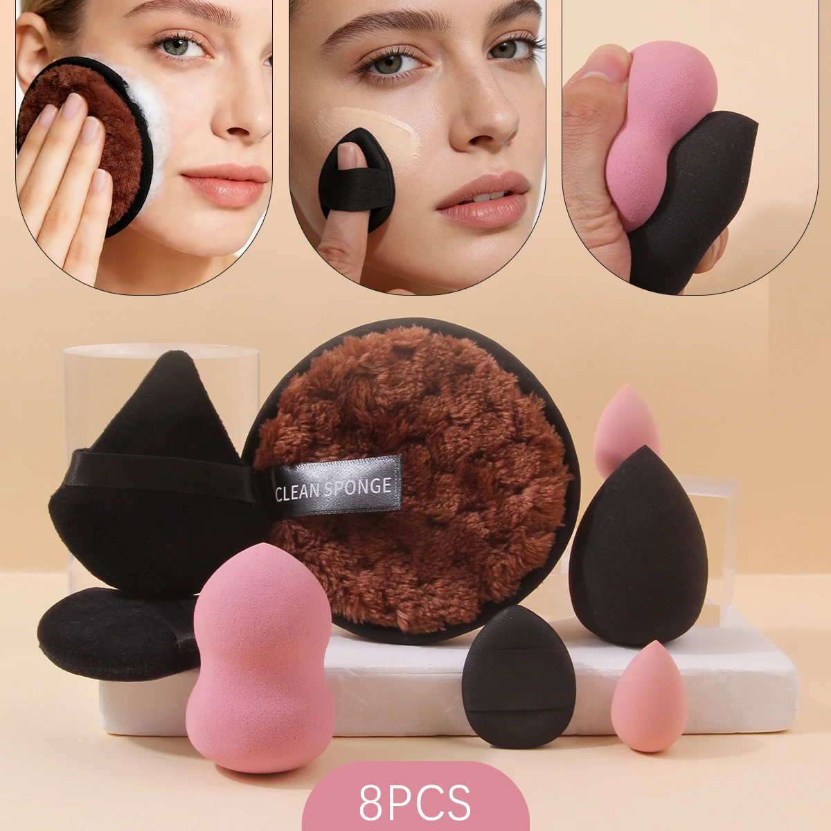 8PCS 메이크업 스펀지 세트, 리퀴드 BB 크림 파우더 적용에 적합, 메이크업 에그 건식 및 습식 이중 사용 파우더 퍼프