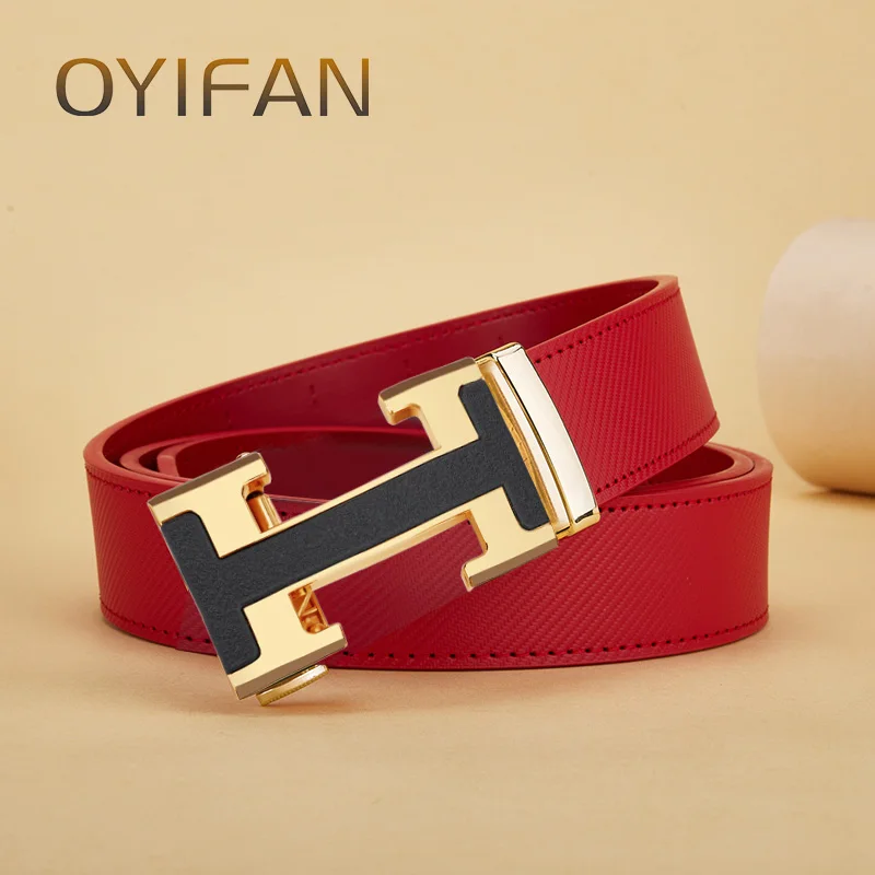 H Shape Alloy Automatic Buckle Red Belt, High-end Business, Suitable for Business and Casual Wear Universal Cow Leather Belt