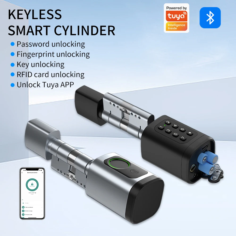 Support Tuya App Smart Cylinder With Fingerprint Password App Bluetooth Card Mechanical Key Easy Replacement 4AAA Battery