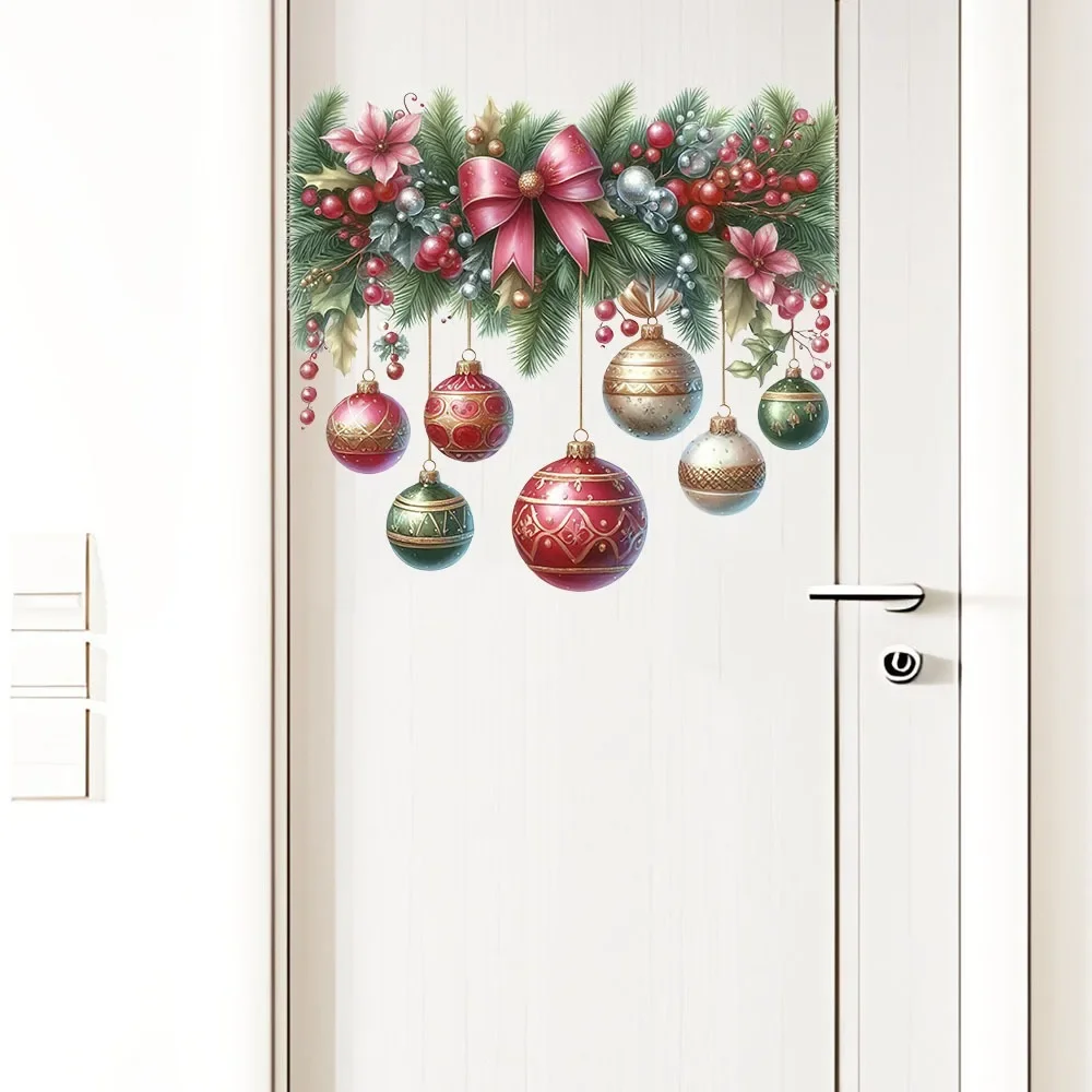 

Christmas Decoration Wreath Door Sticker Xmas Ball Pendants Self-adhesive Sticker Merry Christmas Wall Decor Happy New Year 2025