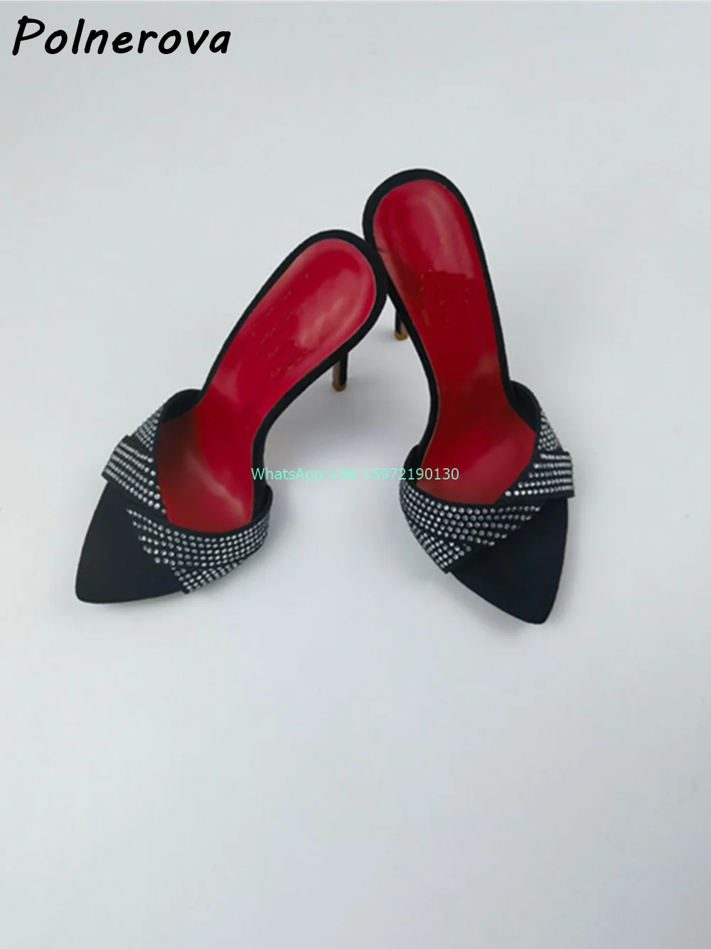 Crystal Black Red Slippers Pointy Toe High Heels Slip On Sandals Summer Shiny Runway Sexy Fashion Ladies Stiletto Shoes