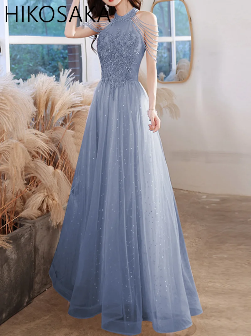 Customized Elegant Blue Celebrity Evening Dress Sequins Beading Halter Tassel Sleeve A Line Exquisite Floor Length Prom Evening