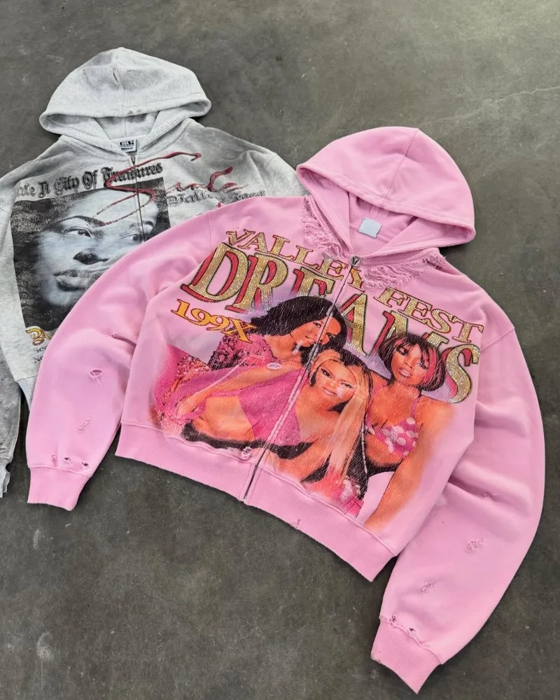 

VALLEY Hip-hop Trendy Brand Streetwear Men Gothic Punk Retro Graphic Zipper Hoodie Harajuku Y2K Old Casual Oversized Sweatshirt