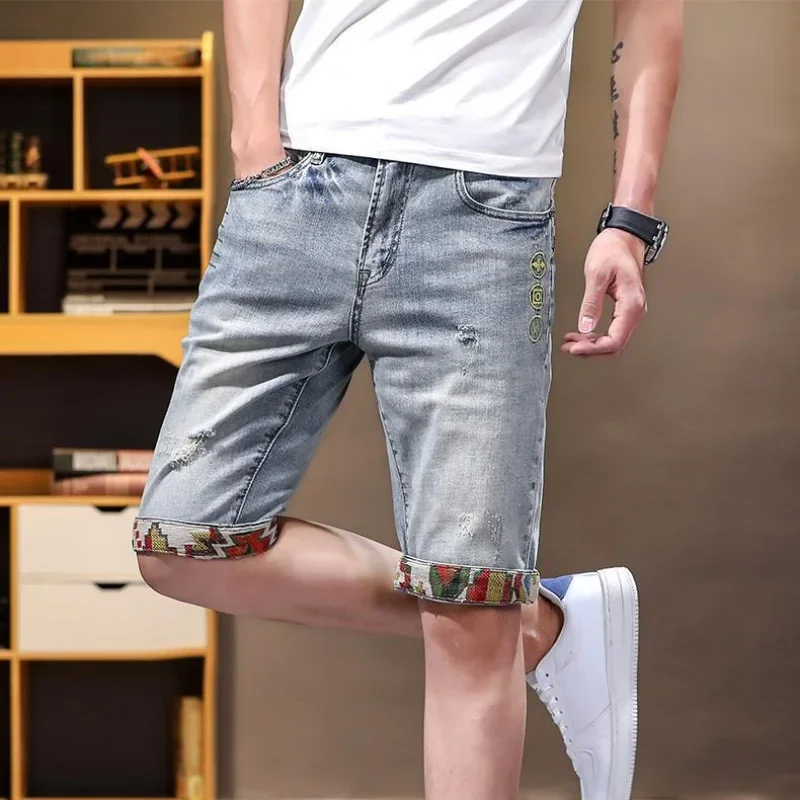 Short Jeans Pants for Men Knee Length Half Man Denim Shorts Long Graphic Selvedge Summer Sale Trend 2024 Stretch New in Wide Y2k