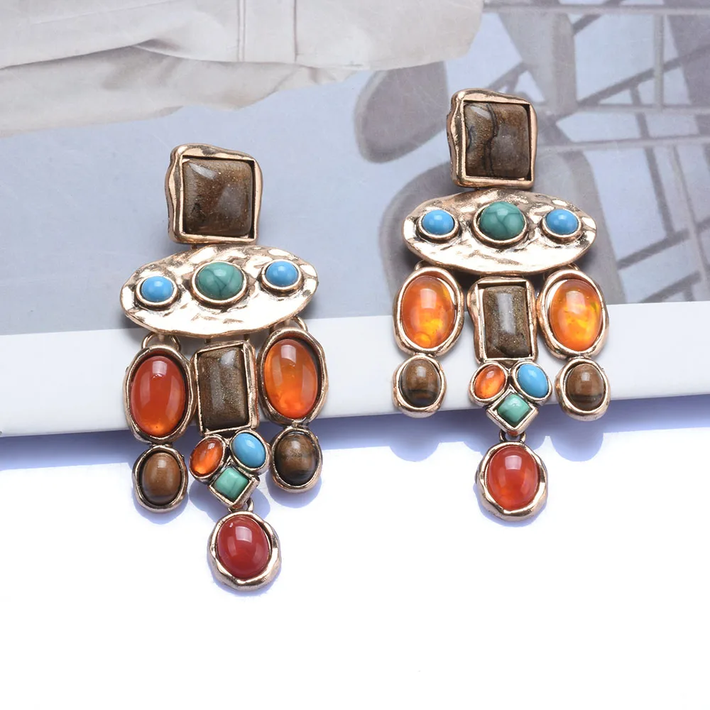 2023 New ZA Fashion Colorful Resin Baroque Earrings Women Indian Statement Metal Dangle Earrings Jewelry