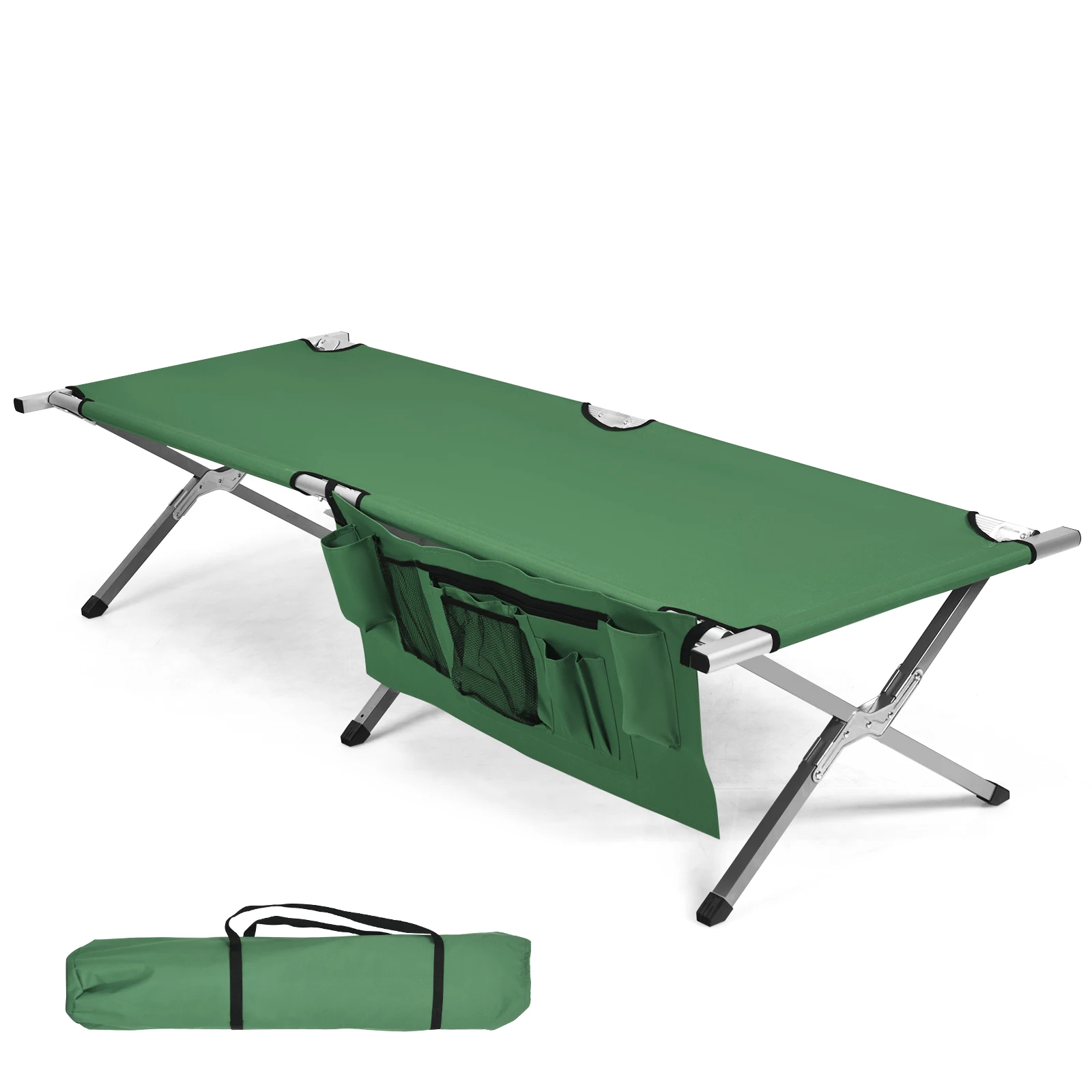 Cot with side bag, camping bed weighing up to 204 kg, folding bed, camping bed, 600D Oxford fabric, 190x73x42 cm