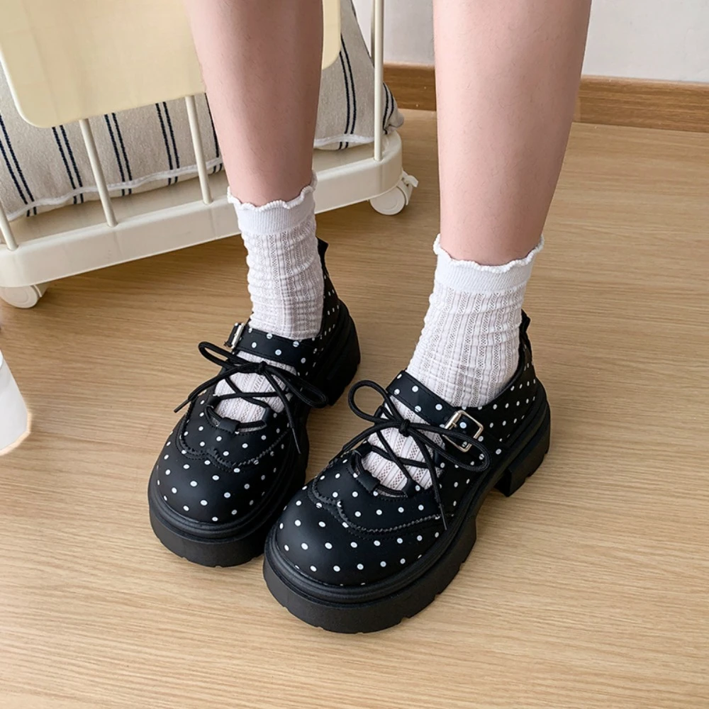 2026 New Round Head Bow Tie Thick Heel Heightening Slip-On Shoes Spring Summer Fresh Style Korean Version Polka Dot Flat Shoes