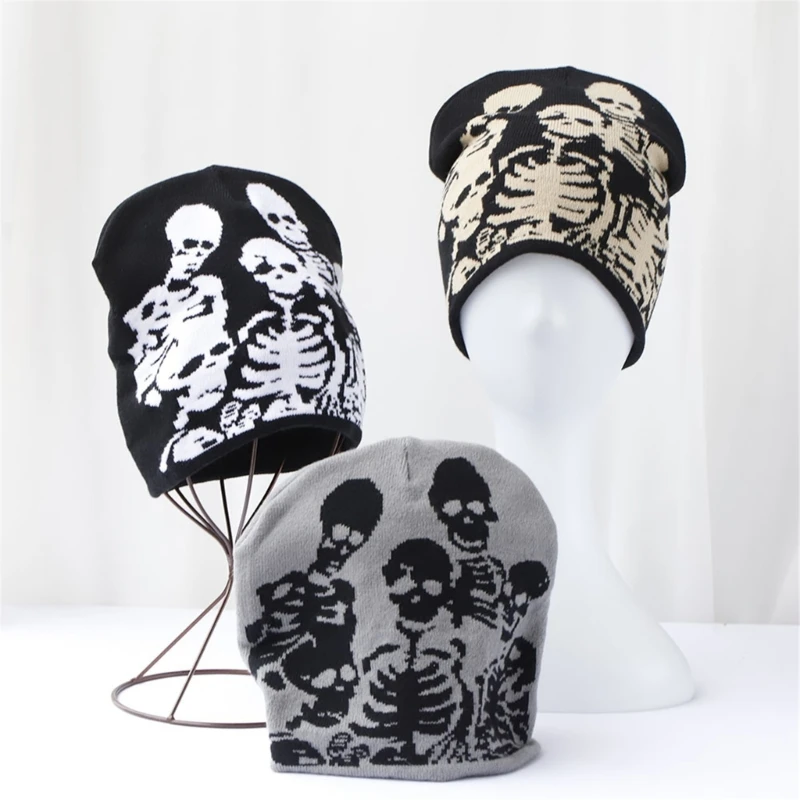 Fashion Punk Skull Hat Cool Knitted Hat Outdoor Windproof Skeleton Pattern Caps Hiphop Dancing Hat Soft Warm Pullover Caps