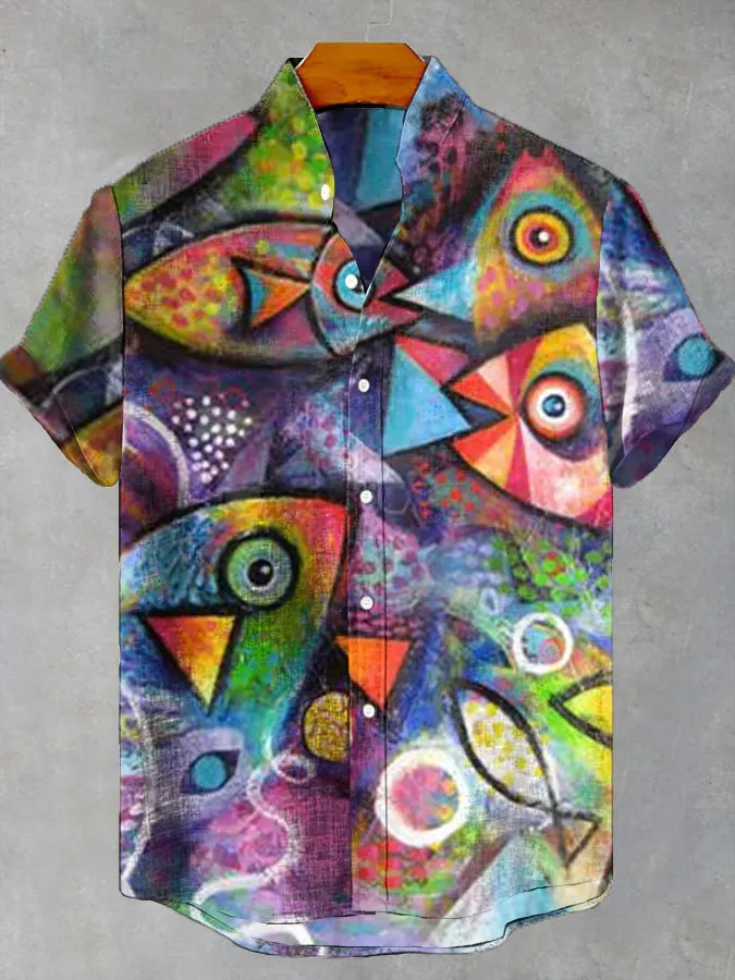 Fashion Men\'s Casual Sea Life Graphic Short Sleeve Shirts Button Down Lapel Shirts Oversized Tops Casual Hawaiian Shirt for Men